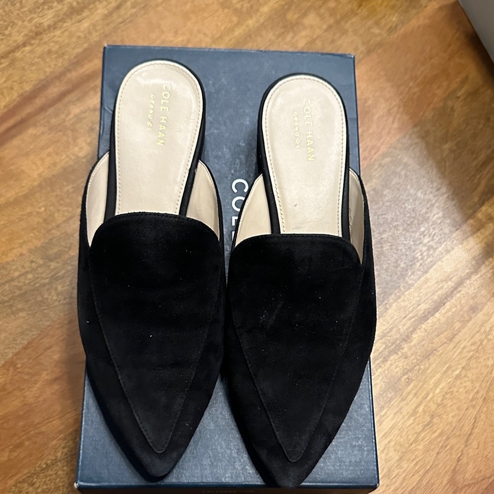 Cole Haan Black Suede Pointed Toe Slip-On Mules